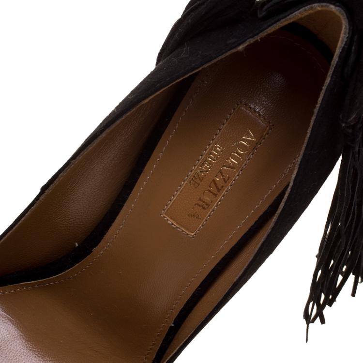 Pre Owned Aquazzura Black Suede Fringe Tie Pointed Toe Pumps Size 37