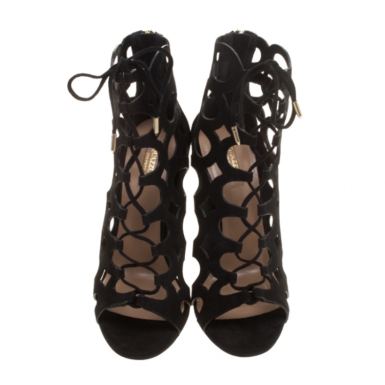مملوكة مسبقًا Aquazzura Black Cutout Suede Begum Open Toe Lace Up Booties Size 38