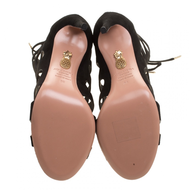 مملوكة مسبقًا Aquazzura Black Cutout Suede Begum Open Toe Lace Up Booties Size 38