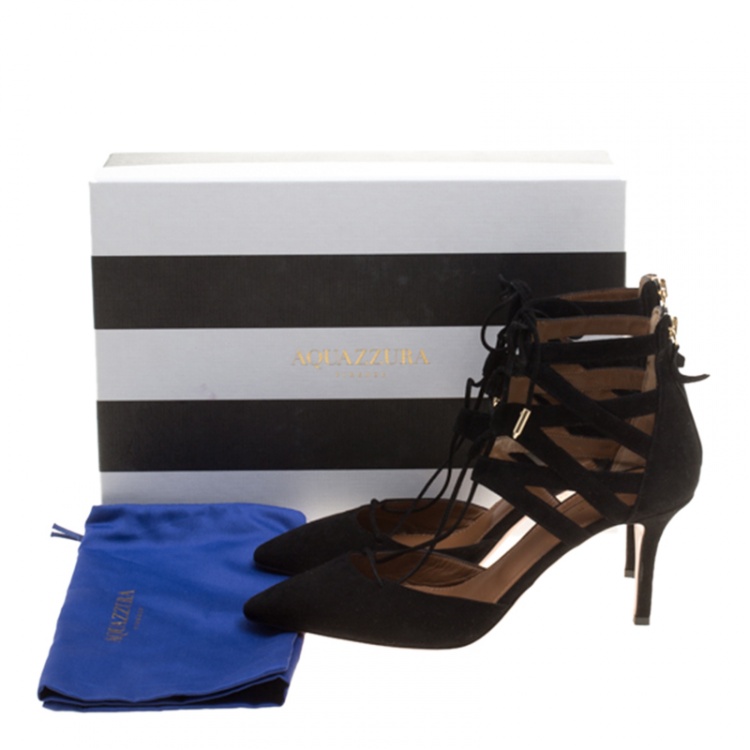 Pre Owned Aquazzura Black Suede Belgravia Lace Up Pointed Toe Pumps Size 38
