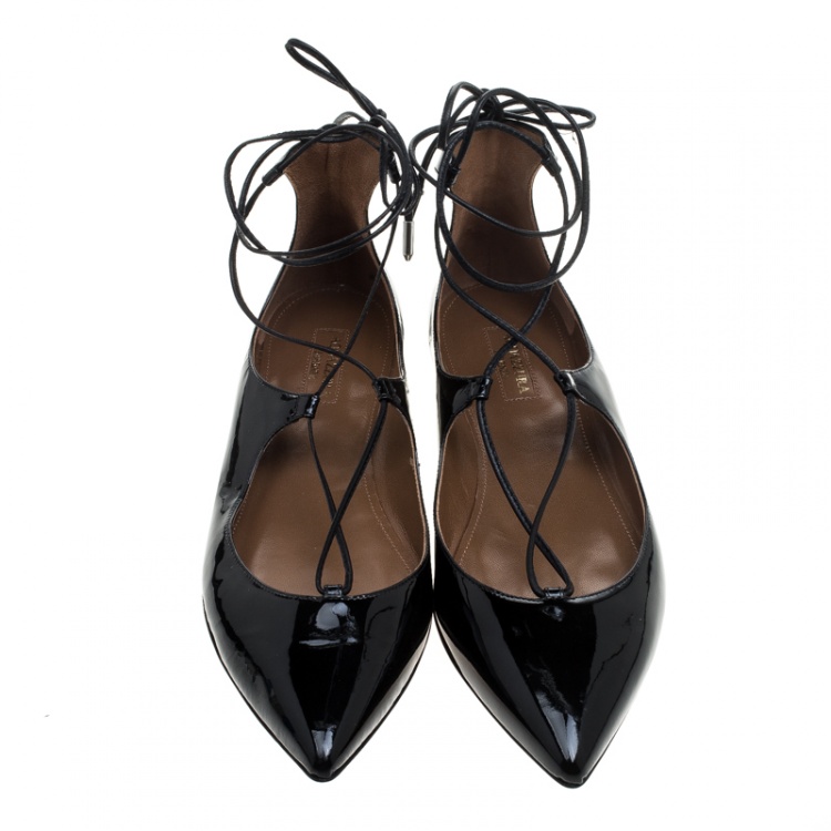 Pre Owned Aquazzura Black Patent Leather Christy Lace Up Pointed Toe Flats Size 38