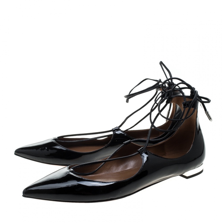 Pre Owned Aquazzura Black Patent Leather Christy Lace Up Pointed Toe Flats Size 38