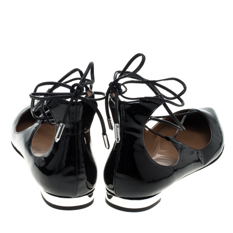 Pre Owned Aquazzura Black Patent Leather Christy Lace Up Pointed Toe Flats Size 38
