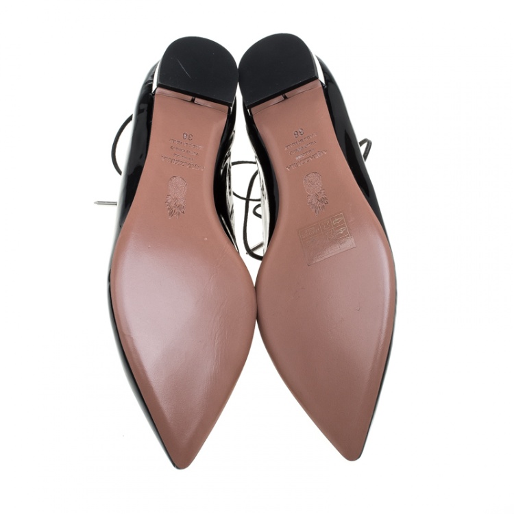 Pre Owned Aquazzura Black Patent Leather Christy Lace Up Pointed Toe Flats Size 38
