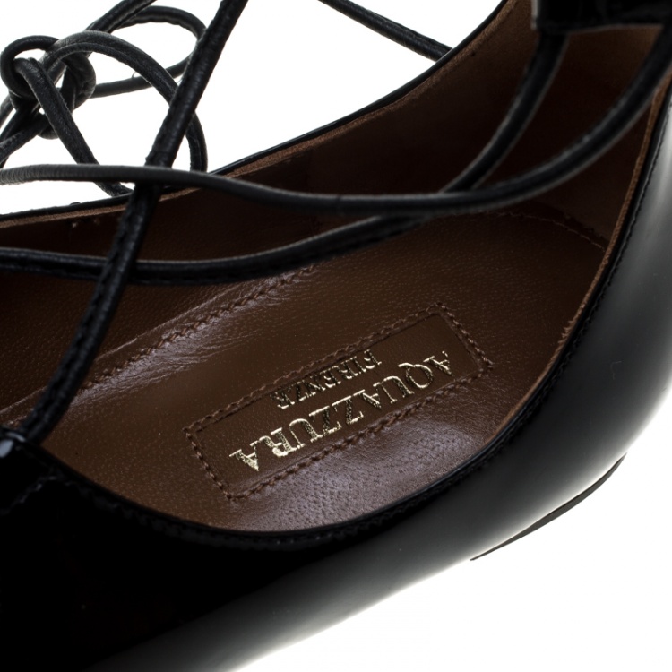 Pre Owned Aquazzura Black Patent Leather Christy Lace Up Pointed Toe Flats Size 38