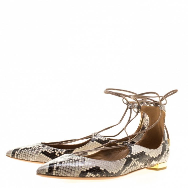 مملوكة مسبقًا Aquazzura Two Tone Snake Embossed Leather Christy Lace Up Pointed Toe Flats Size 38