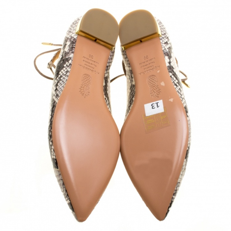 مملوكة مسبقًا Aquazzura Two Tone Snake Embossed Leather Christy Lace Up Pointed Toe Flats Size 38