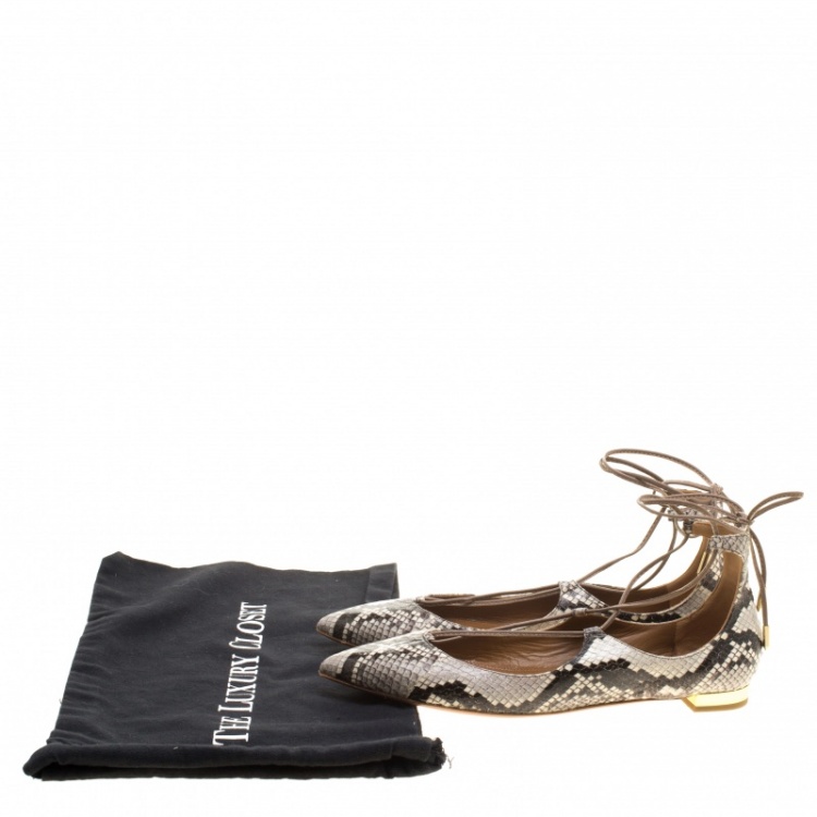 مملوكة مسبقًا Aquazzura Two Tone Snake Embossed Leather Christy Lace Up Pointed Toe Flats Size 38