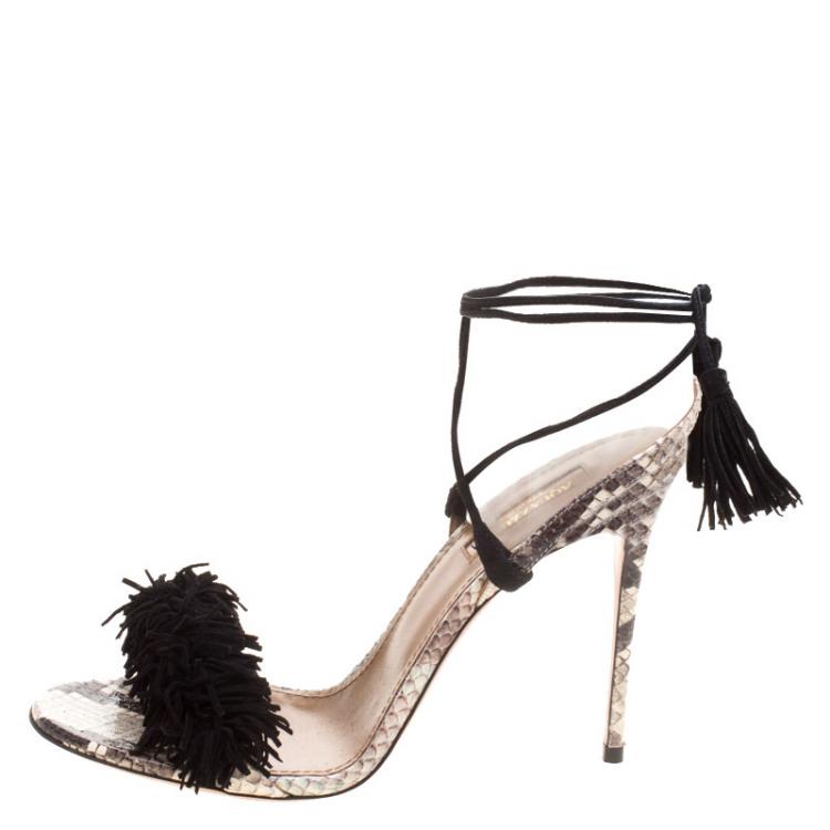 Pre Owned Aquazzura Two Tone Fringed Suede and Python  Wild Thing Tasseled Ankle Wrap Sandals Size 38