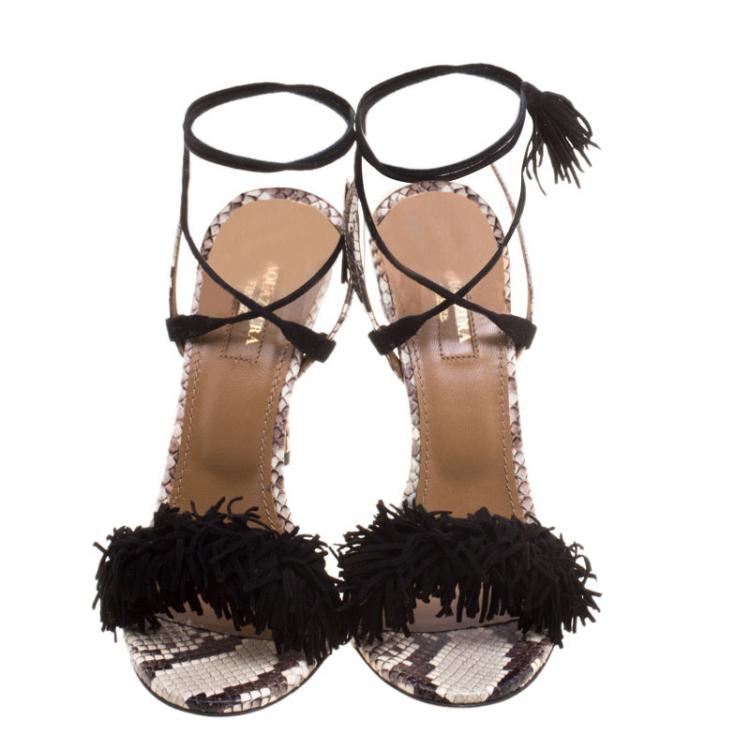 Pre Owned Aquazzura Two Tone Fringed Suede and Python  Wild Thing Tasseled Ankle Wrap Sandals Size 38