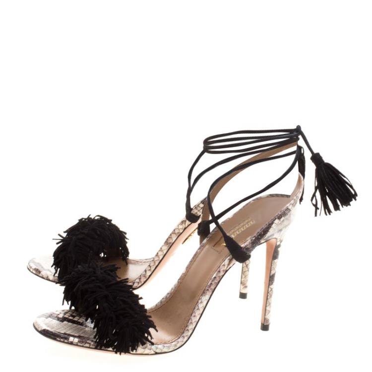 Pre Owned Aquazzura Two Tone Fringed Suede and Python  Wild Thing Tasseled Ankle Wrap Sandals Size 38