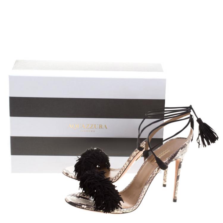 Pre Owned Aquazzura Two Tone Fringed Suede and Python  Wild Thing Tasseled Ankle Wrap Sandals Size 38