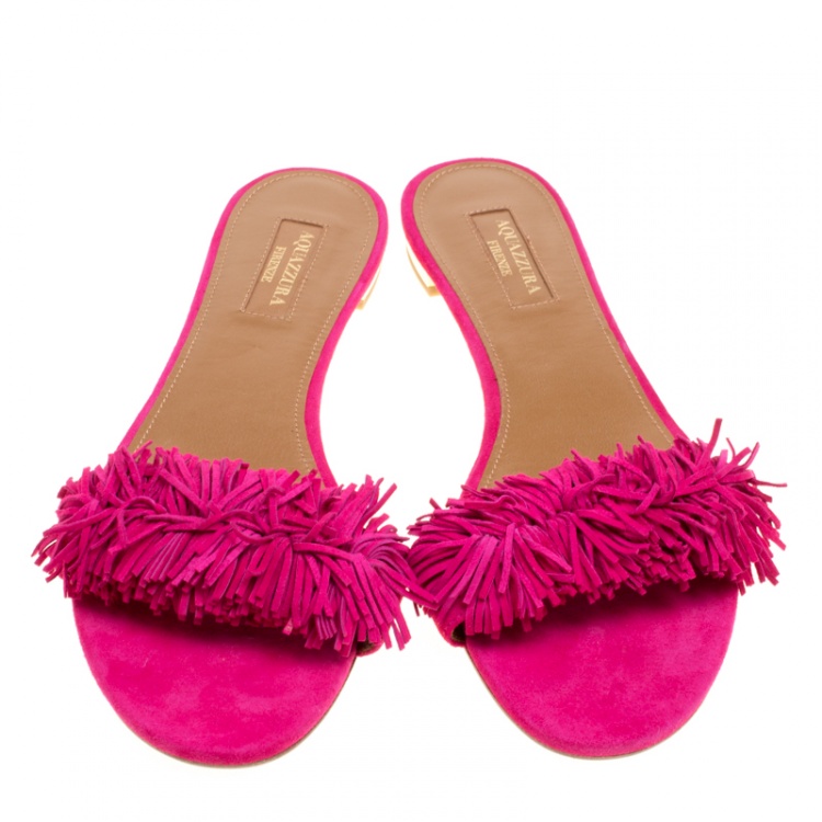 Pre Owned Aquazzura Fuchsia Pink Suede Wild Thing Fringe Trimmed Flat Slides Size 38