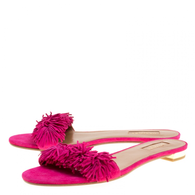 Pre Owned Aquazzura Fuchsia Pink Suede Wild Thing Fringe Trimmed Flat Slides Size 38