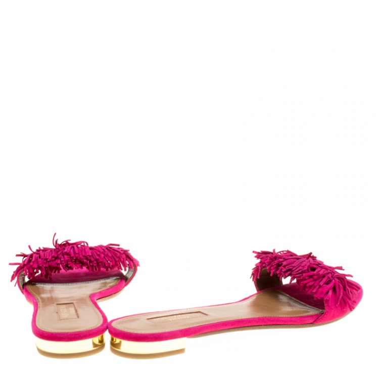 Pre Owned Aquazzura Fuchsia Pink Suede Wild Thing Fringe Trimmed Flat Slides Size 38