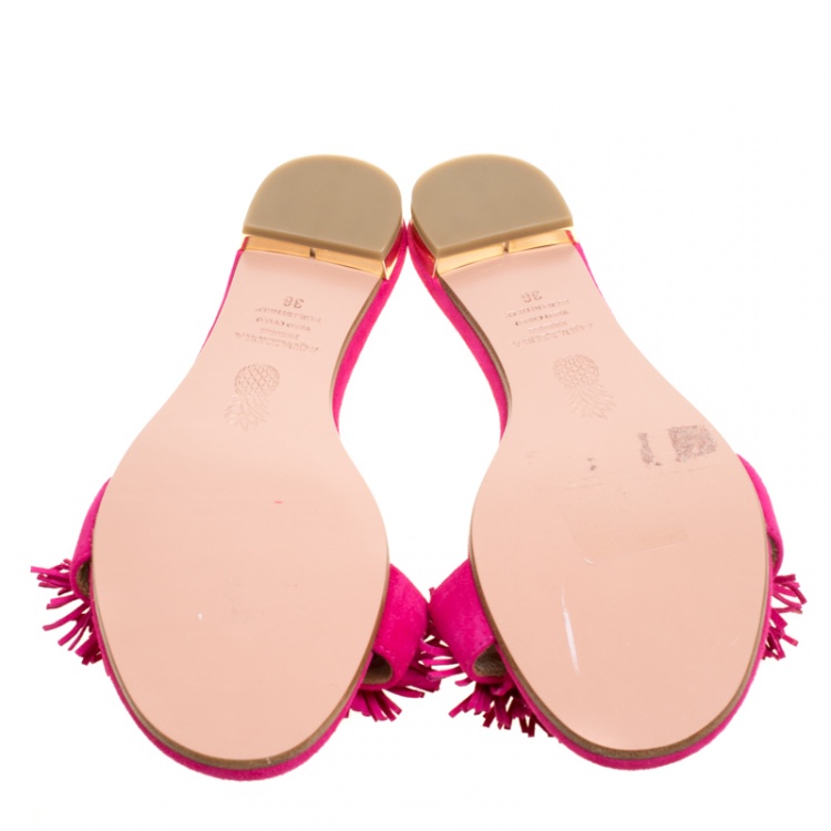 Pre Owned Aquazzura Fuchsia Pink Suede Wild Thing Fringe Trimmed Flat Slides Size 38