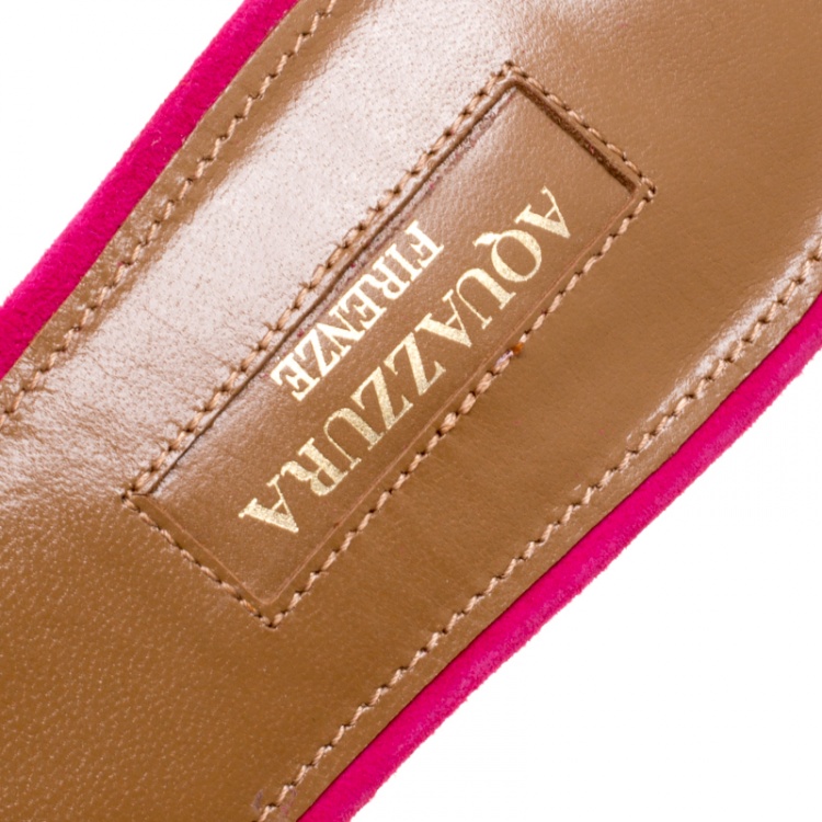 Pre Owned Aquazzura Fuchsia Pink Suede Wild Thing Fringe Trimmed Flat Slides Size 38