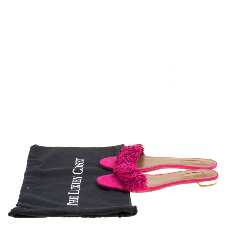 Pre Owned Aquazzura Fuchsia Pink Suede Wild Thing Fringe Trimmed Flat Slides Size 38