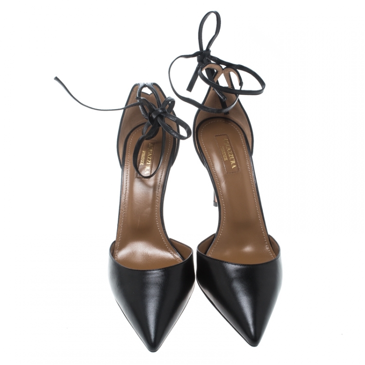 Pre Owned Aquazzura Black Leather Heart Breaker Ankle Strap Pumps Size 38.5