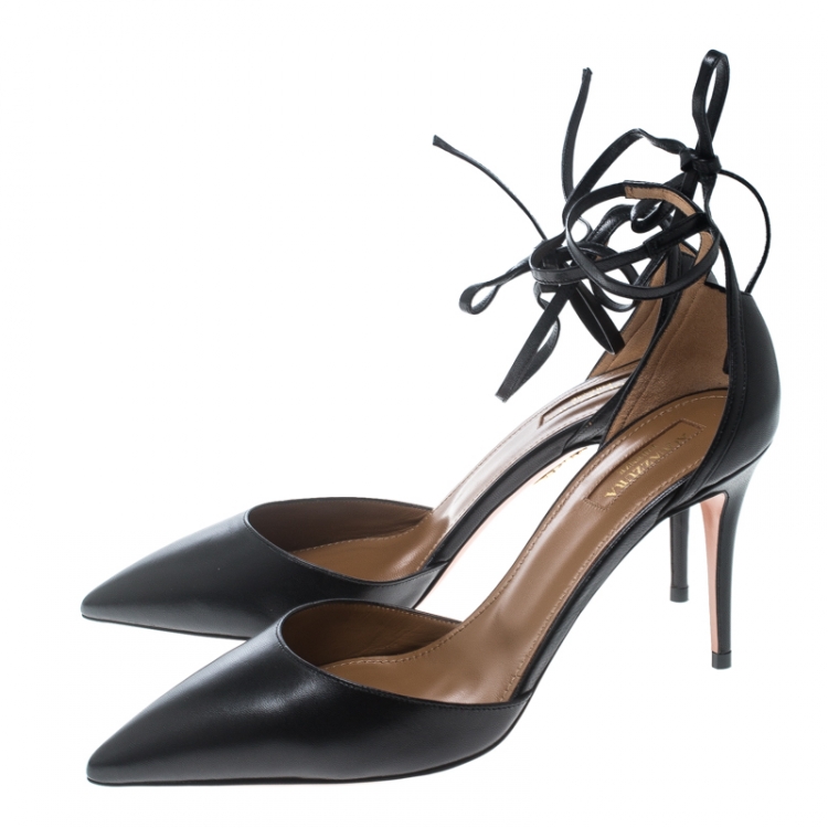 Pre Owned Aquazzura Black Leather Heart Breaker Ankle Strap Pumps Size 38.5