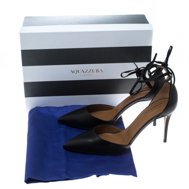 Pre Owned Aquazzura Black Leather Heart Breaker Ankle Strap Pumps Size 38.5