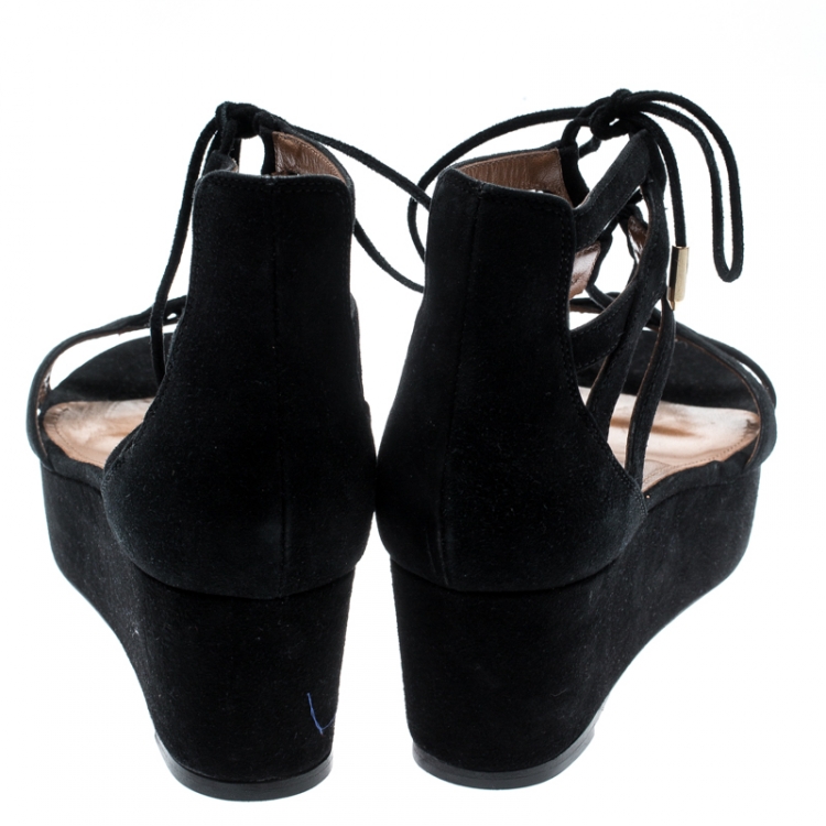 Pre Owned Aquazzura Black Cut Out Suede Beverly Hills Lace Up Open Toe Platform Sandals Size 36.5