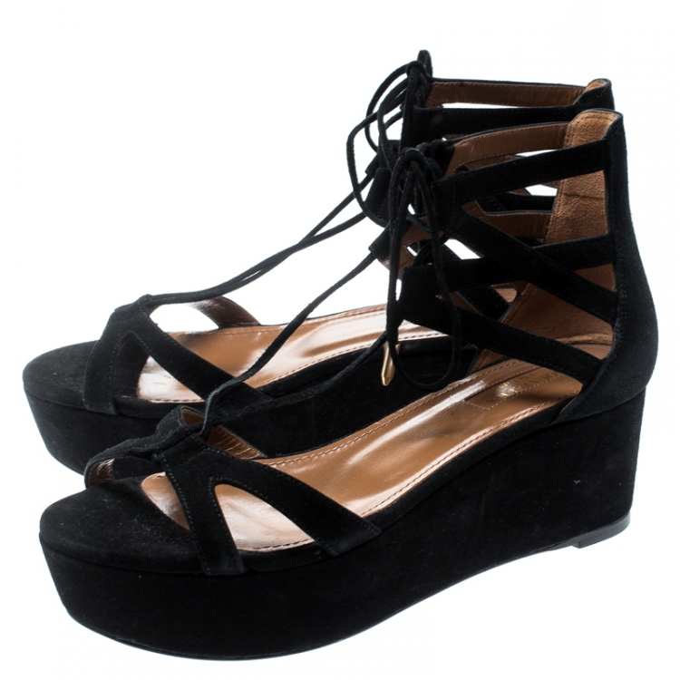 Pre Owned Aquazzura Black Cut Out Suede Beverly Hills Lace Up Open Toe Platform Sandals Size 36.5