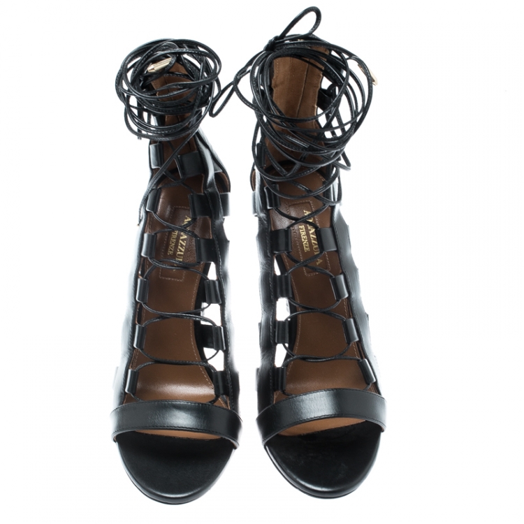 Pre Owned Aquazzura Black Leather Amazon Lace Up Open Toe Sandals Size 37