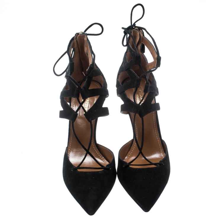 Pre Owned Aquazzura Black Suede Belgravia Lace Up Pointed Toe Pumps Size 37
