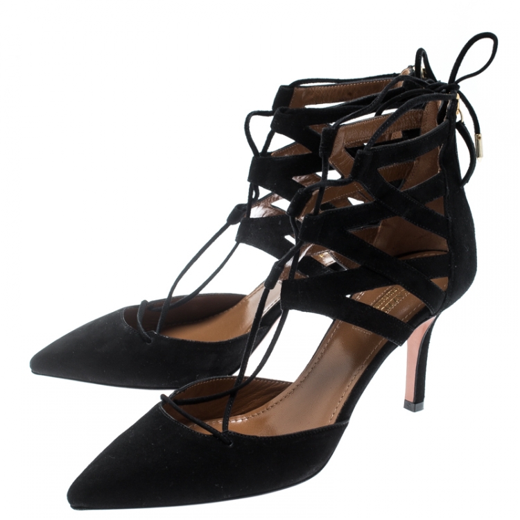 Pre Owned Aquazzura Black Suede Belgravia Lace Up Pointed Toe Pumps Size 37