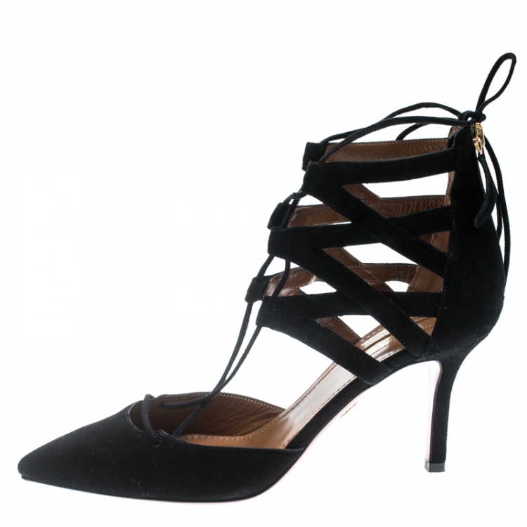 Pre Owned Aquazzura Black Suede Belgravia Lace Up Pointed Toe Pumps Size 37