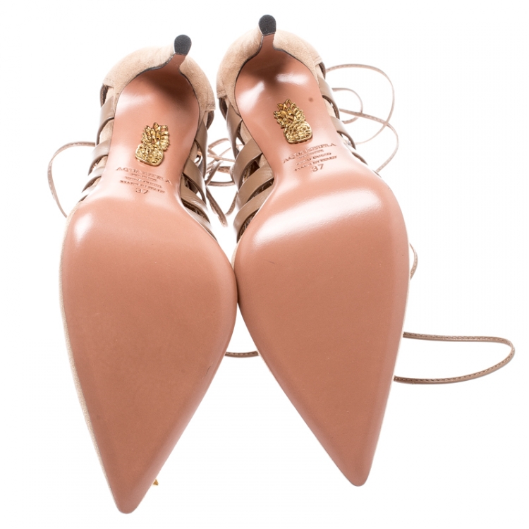 Pre Owned Aquazzura Beige Suede And Leather Belgravia Lace Up Pointed Toe Pumps 37