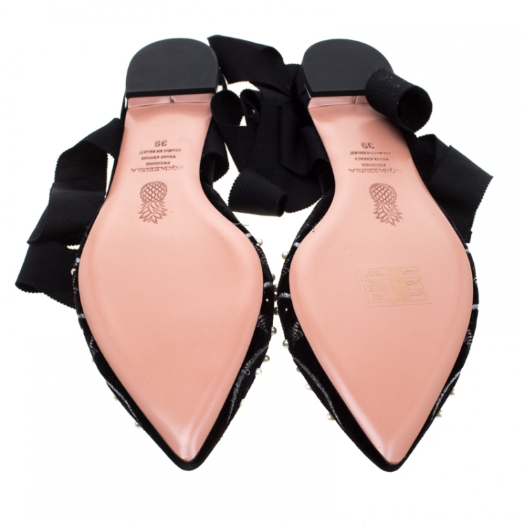 Pre Owned Aquazzura Black Embellished Velvet Stellar Ankle Wrap Flat Mules Size 39