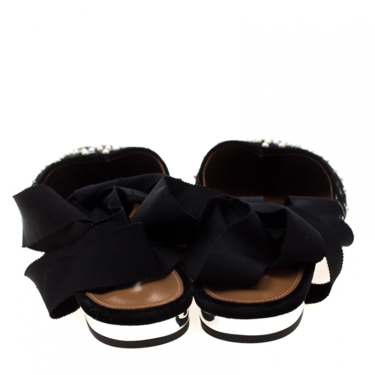Pre Owned Aquazzura Black Embellished Velvet Stellar Ankle Wrap Flat Mules Size 39