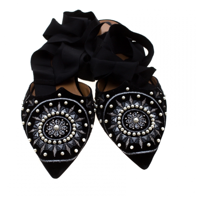Pre Owned Aquazzura Black Embellished Velvet Stellar Ankle Wrap Flat Mules Size 39