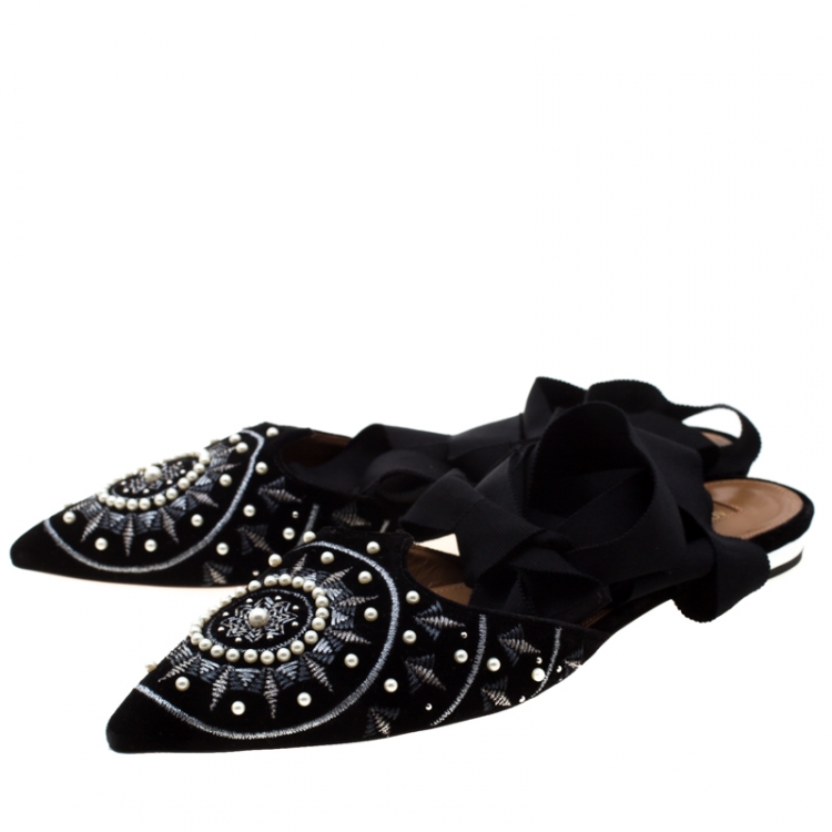 Pre Owned Aquazzura Black Embellished Velvet Stellar Ankle Wrap Flat Mules Size 39