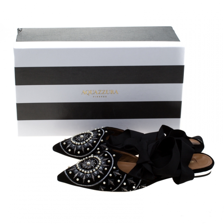 Pre Owned Aquazzura Black Embellished Velvet Stellar Ankle Wrap Flat Mules Size 39