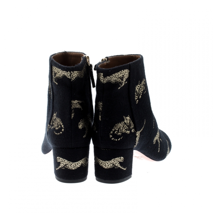 Pre Owned Aquazzura Black Cotton Metallic Gold Big Cat Brooklyn Ankle Boots Size 37.5