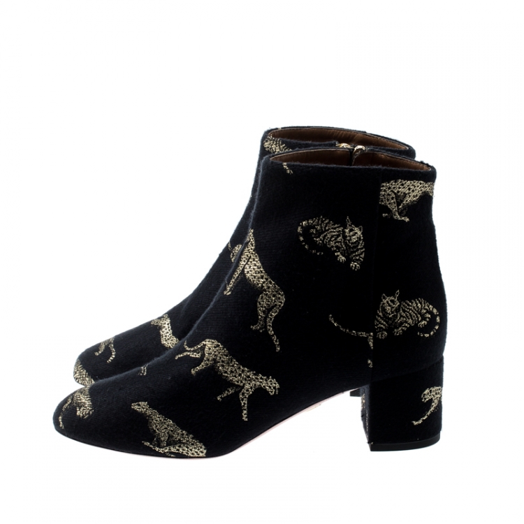 Pre Owned Aquazzura Black Cotton Metallic Gold Big Cat Brooklyn Ankle Boots Size 37.5