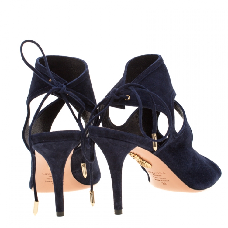 Pre Owned Aquazzura Blue Suede Sexy Thing Cut Out Tie Up Sandals Size 38