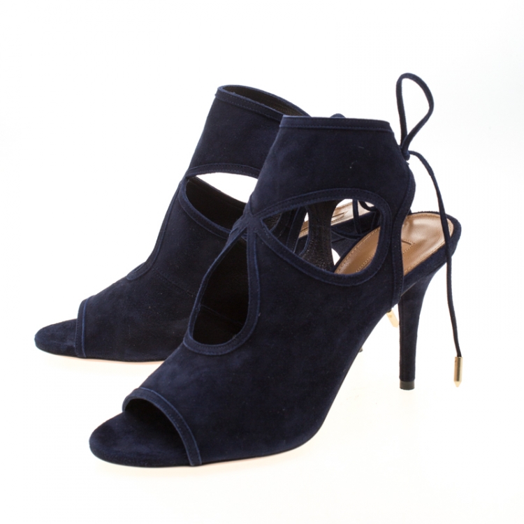 Pre Owned Aquazzura Blue Suede Sexy Thing Cut Out Tie Up Sandals Size 38