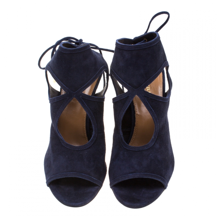 Pre Owned Aquazzura Blue Suede Sexy Thing Cut Out Tie Up Sandals Size 38