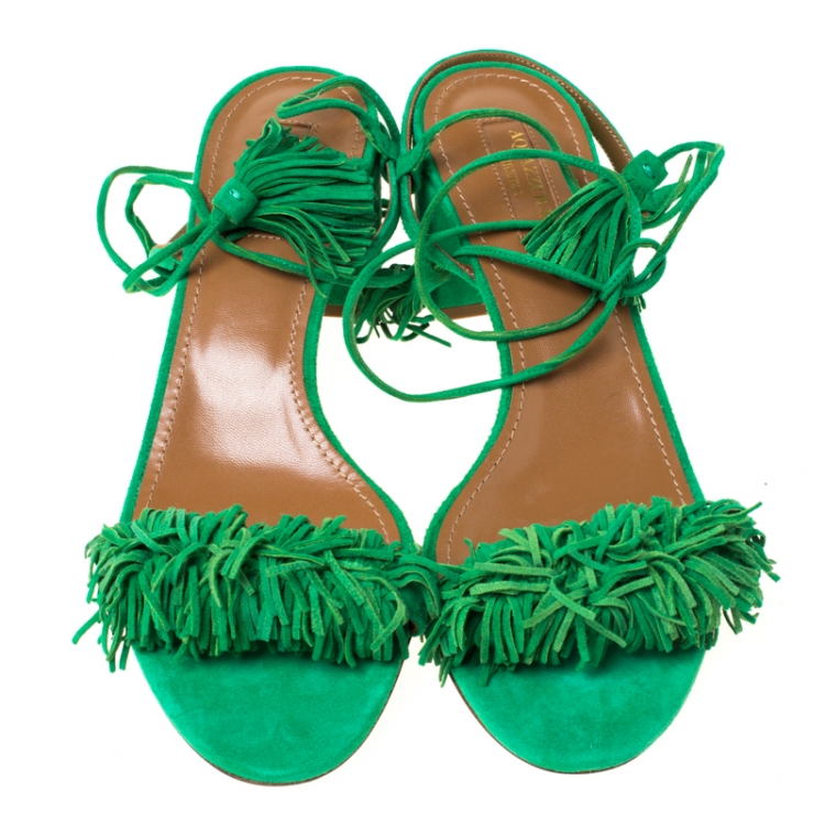 Pre Owned Aquazzura Green Fringed Suede Wild Thing Ankle Wrap Block Heel Sandals Size 39