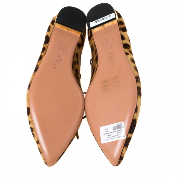 Pre Owned Aquazzura Brown Leopard Print Calf Hair Pointed Toe Ankle Wrap Flats Size 40.5