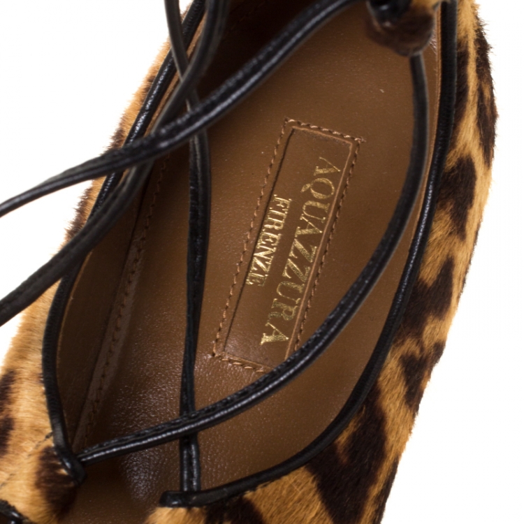 Pre Owned Aquazzura Brown Leopard Print Calf Hair Pointed Toe Ankle Wrap Flats Size 40.5