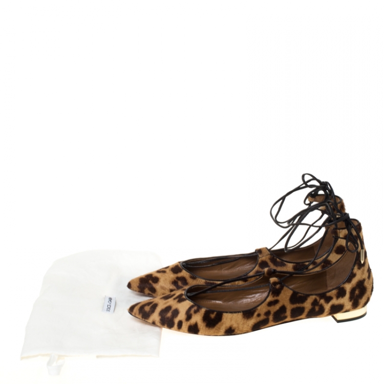 Pre Owned Aquazzura Brown Leopard Print Calf Hair Pointed Toe Ankle Wrap Flats Size 40.5