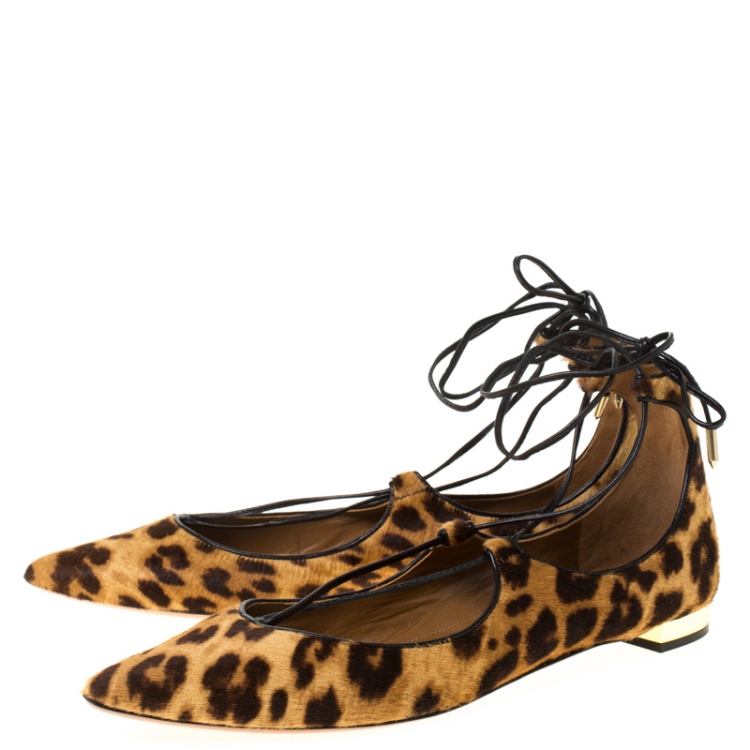 Pre Owned Aquazzura Brown Leopard Print Calf Hair Pointed Toe Ankle Wrap Flats Size 40.5
