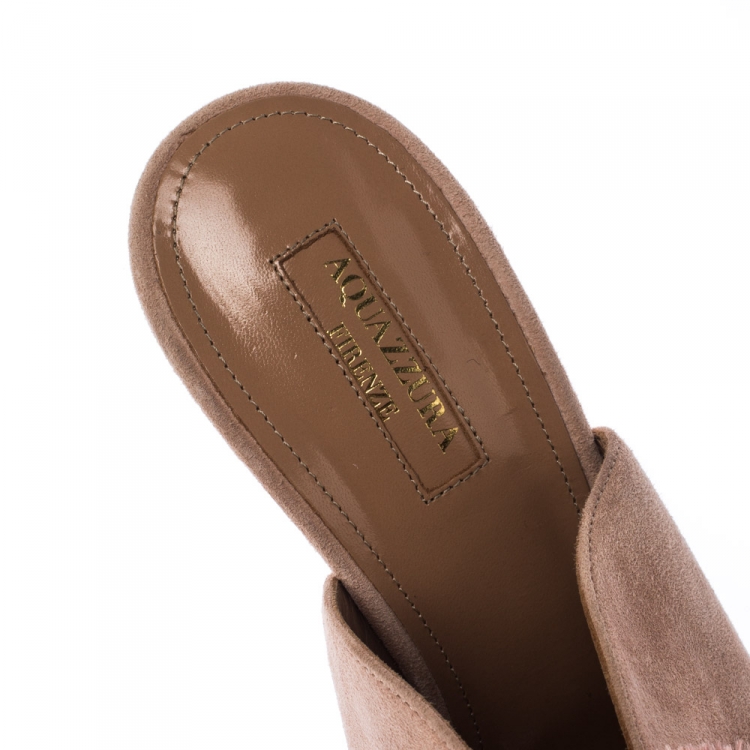 Pre Owned Aquazzura Beige Suede Lotus Blossom Peep Toe Mules Size 40