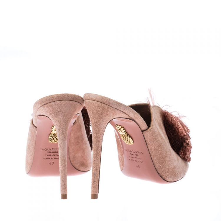 Pre Owned Aquazzura Beige Suede Lotus Blossom Peep Toe Mules Size 40