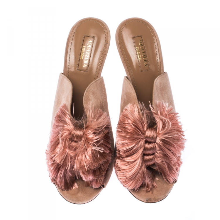 Pre Owned Aquazzura Beige Suede Lotus Blossom Peep Toe Mules Size 40